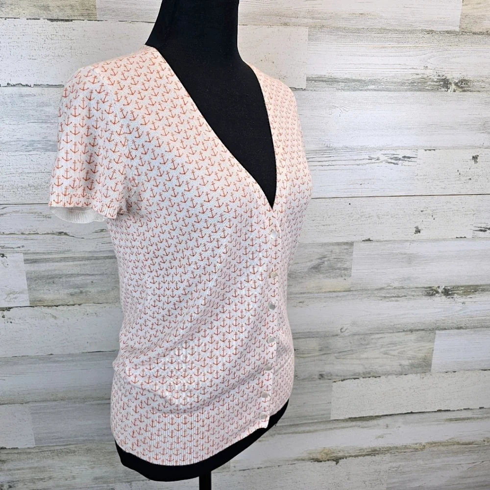 J. Crew Cotton Nautical Anchor Print Lightweight Cardigan Small White Preppy